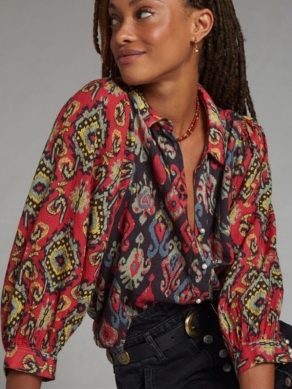 Anthropologie Forever That Girl Ikat Paisley Pearl Button Blouse XS Boho